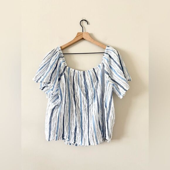 LOFT Sweetheart Neck Cotton Blend Top in Blue Multi Stripe - Size XL - Picture 5 of 7